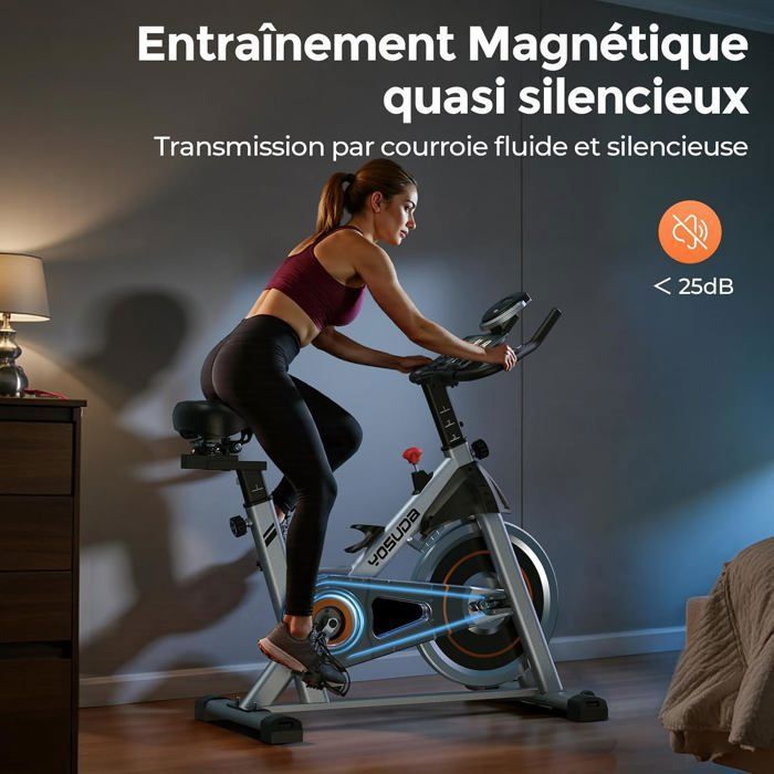 Cyclette magnetica YOSUDA, connessa e silenziosa, con supporto per tablet e sedile regolabile, portata massima 136 kg.