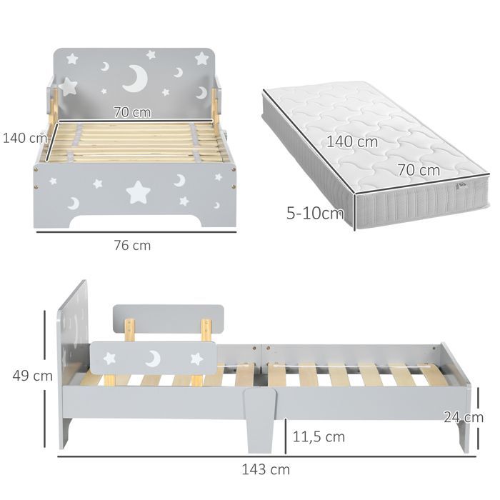 Lit pour enfants - ZONEKIZ - de 3 à 6 ans - design étoiles et lune - sommier à lattes inclus - 143 x 76 x 49 cm - gris