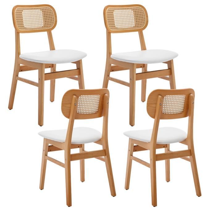 Wahson Chaise de Salle à Manger Lot de 4 Chaise Salle à Manger Bois Rétro et Rotin, Chaise de Cuisine pour Salon, Cuir PU, Blanc