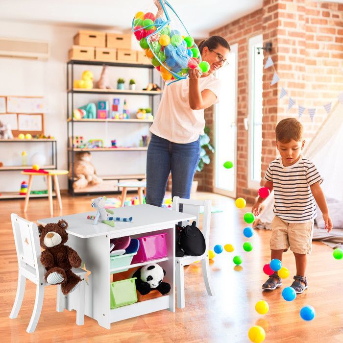 Relaxdays ALBUS Houten kindertafel- en stoelenset met opbergbakken, wit