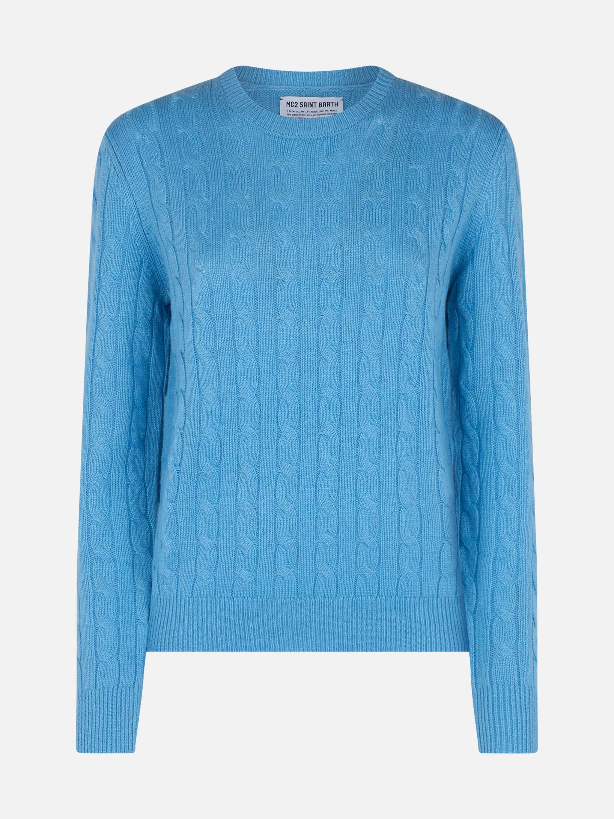 Kabelgebreide trui voor dames van kasjmierblend, blauw Pol