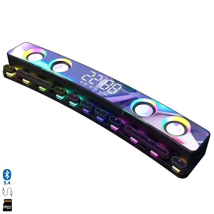 Barra de sonido DAM SH39 Bluetooth 5.4 con botones mecánicos, pantalla e iluminación RGB. Batería de 3600 mAh. Para juegos y cine en casa. Color negro.