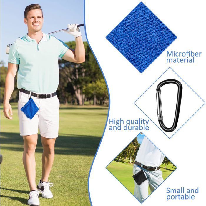 Set of 3 microfiber golf towels - Pocket size 14 cm with clip - Equipment/bag cleaning - Unisex - Black/Grey/Blue