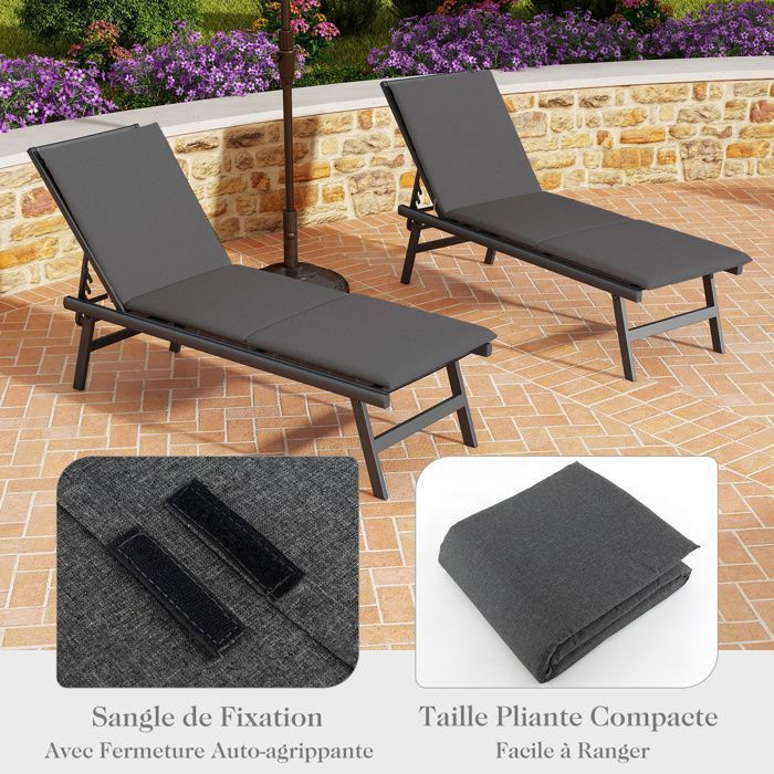COSTWAY Coussin pour Chaise Longue d'Extérieur, avec Sangle Fixe, Coussin Pliable, Élasticité et Respirabilité, 182 x 59 cm, Gris