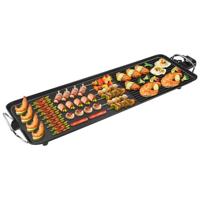 Plancha électrique XXL, Barbecue electrique - revêtement anti-adhésif, Surface mixte, Thermostat Réglable pour 8 personnes- 68*28cm