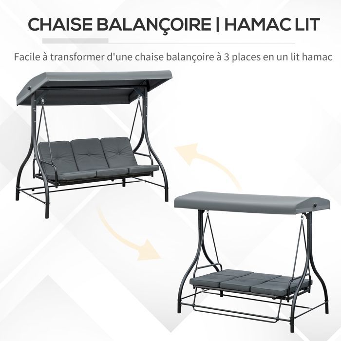 Balancelle de Jardin Outsunny Métal 195x117x175cm Gris