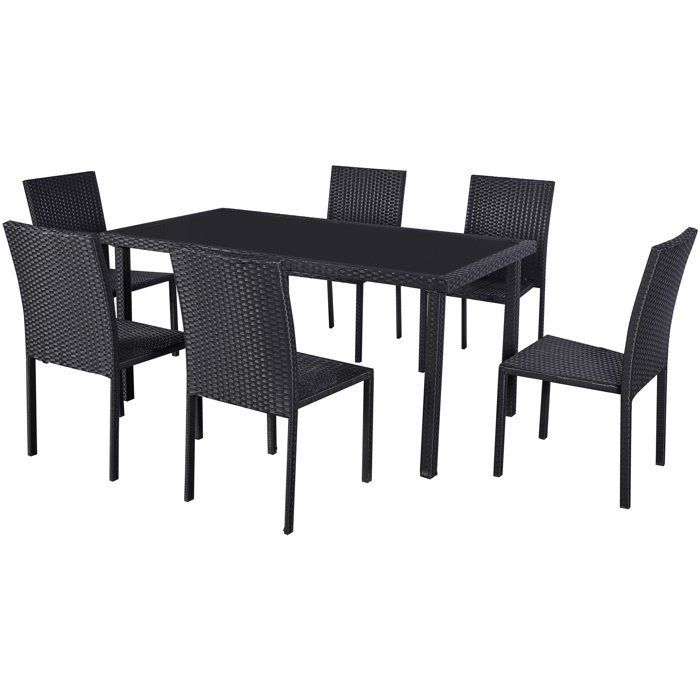 Set da pranzo da giardino AKELA - Tavolo con piano in vetro temperato + sedie in resina effetto vimini - Tavolo 160x80 cm - Nero - 6 posti
