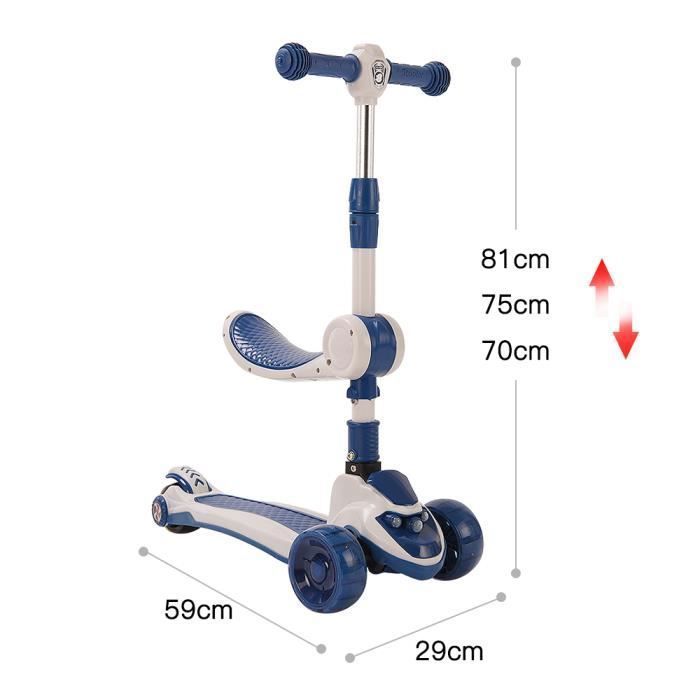 Patinete plegable azul para niños de 2 a 8 años, patinete con ruedas LED Willonin® con asiento extraíble y ajustable.