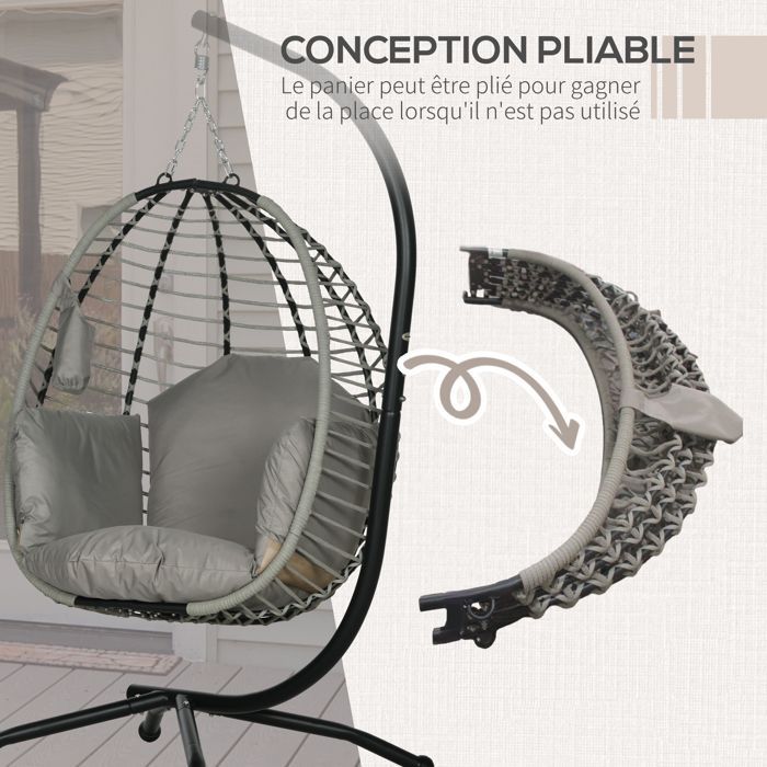 Silla colgante tipo huevo - Outsunny - columpio plegable con cojín y soporte - cuerda metálica - 110x100x188cm - gris