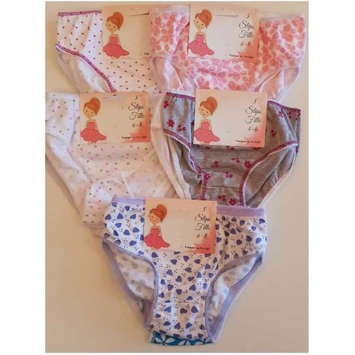 Lot 3 slips fille - 2B - Mélange de couleur - 2-4 ans à 15-16 ans - 100% Coton