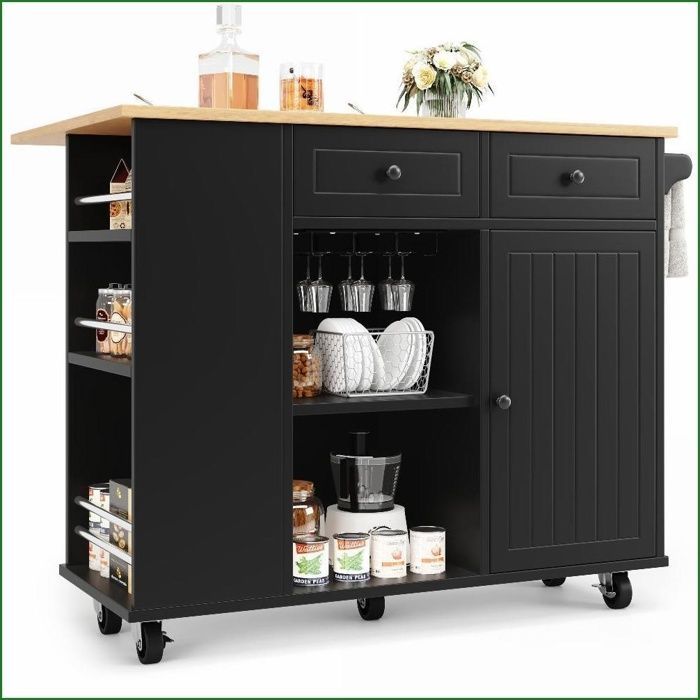 Kitchen Island & Multifunctional Cart - Wine Glass Storage, Snacks, Adjustable Dividers - Black