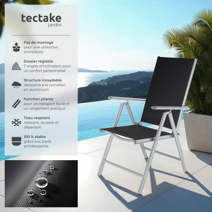 Tuinstoelen - TECTAKE - Set van 6 MARILENA opklapbare tuinstoelen, inklapbaar, rugleuning in 7 standen verstelbaar - Zwart/Grijs