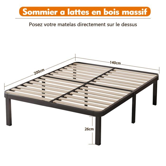 Sleivant - Sommier 140x200cm avec 7 Pieds | Lit avec Sommier à Lattes pour Adulte | 28 Lattes | Montage Rapide et Facile