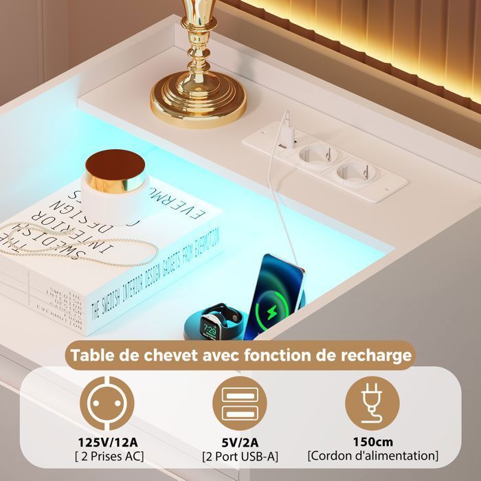 Lot de 2 Table de Chevet 40×35×68cm, 3 Tiroirs, 2 USB Ports et 2 Prises, LED Réglable, Moderne, Scandinave, Blanc
