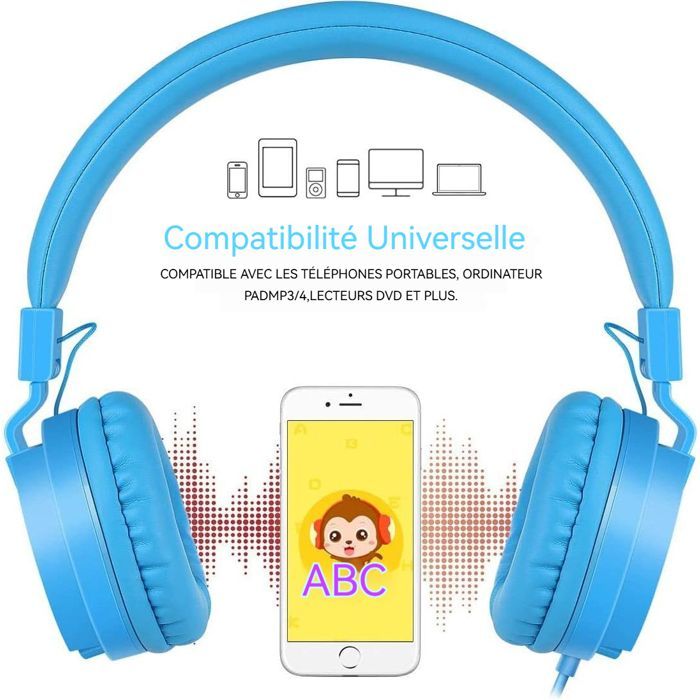 Foldable headphones, children's headphones, thick headband, 3.5 mm jack, noise-canceling design, soft earcups, blue