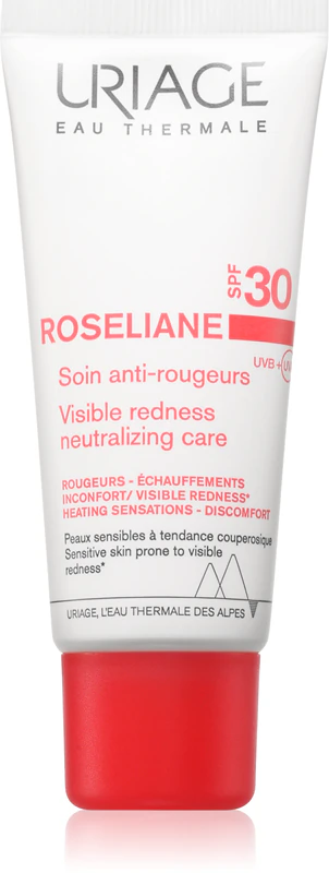 Uriage Roseliane Visible Redness-Neutralizing Care SPF30 je ľahký upokojujúci krém, ktorý pomáha bojovať proti začervenaniu.
