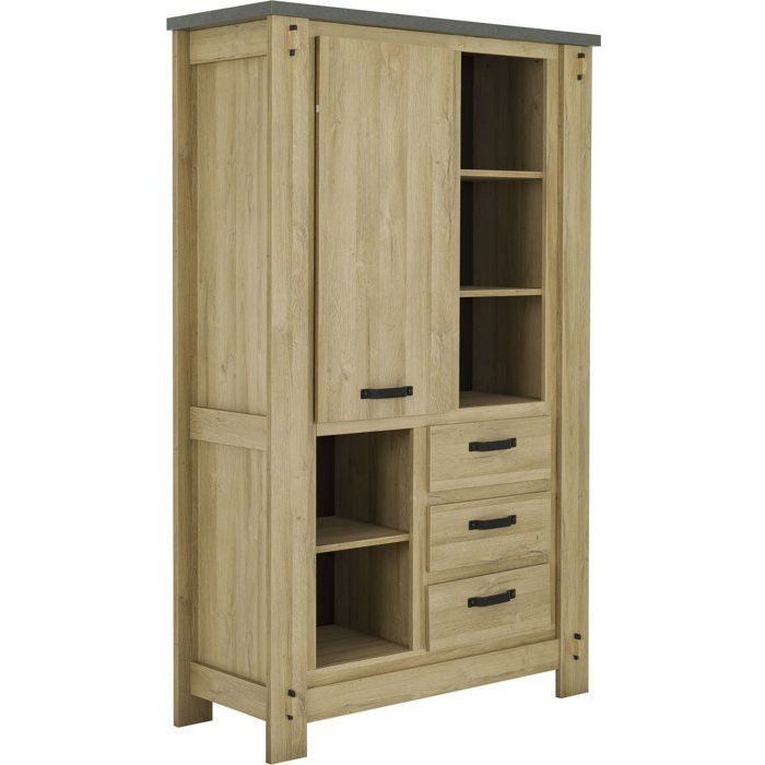 Aparador alto BROCELIANDE – Acabado en roble claro – 1 puerta + 3 cajones – 124 × 50 × 202 cm – GAMI