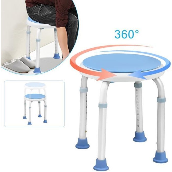 Taburete de ducha redondo ajustable Aufun de aleación de aluminio, asiento giratorio de 360°, 30x30x37-57cm, capacidad de carga segura: 136 kg