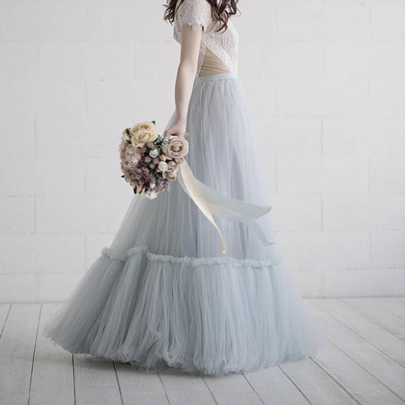 Jupe longue en tulle bleu poudré, confectionnée sur mesure, style rustique, jupe de mariée tendance en maille ajourée, longueur au sol, pour femme (Faldas Saias).