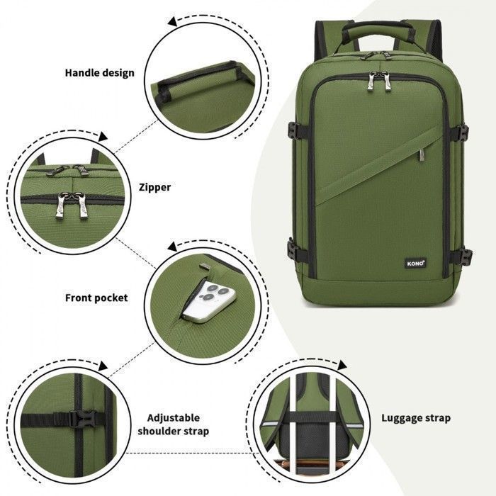 Kono Resväska 40x20x25cm Ryanair Ryggsäck 20L Handbagage för Flygresor Under Sätet för Damer och Män, Grön
