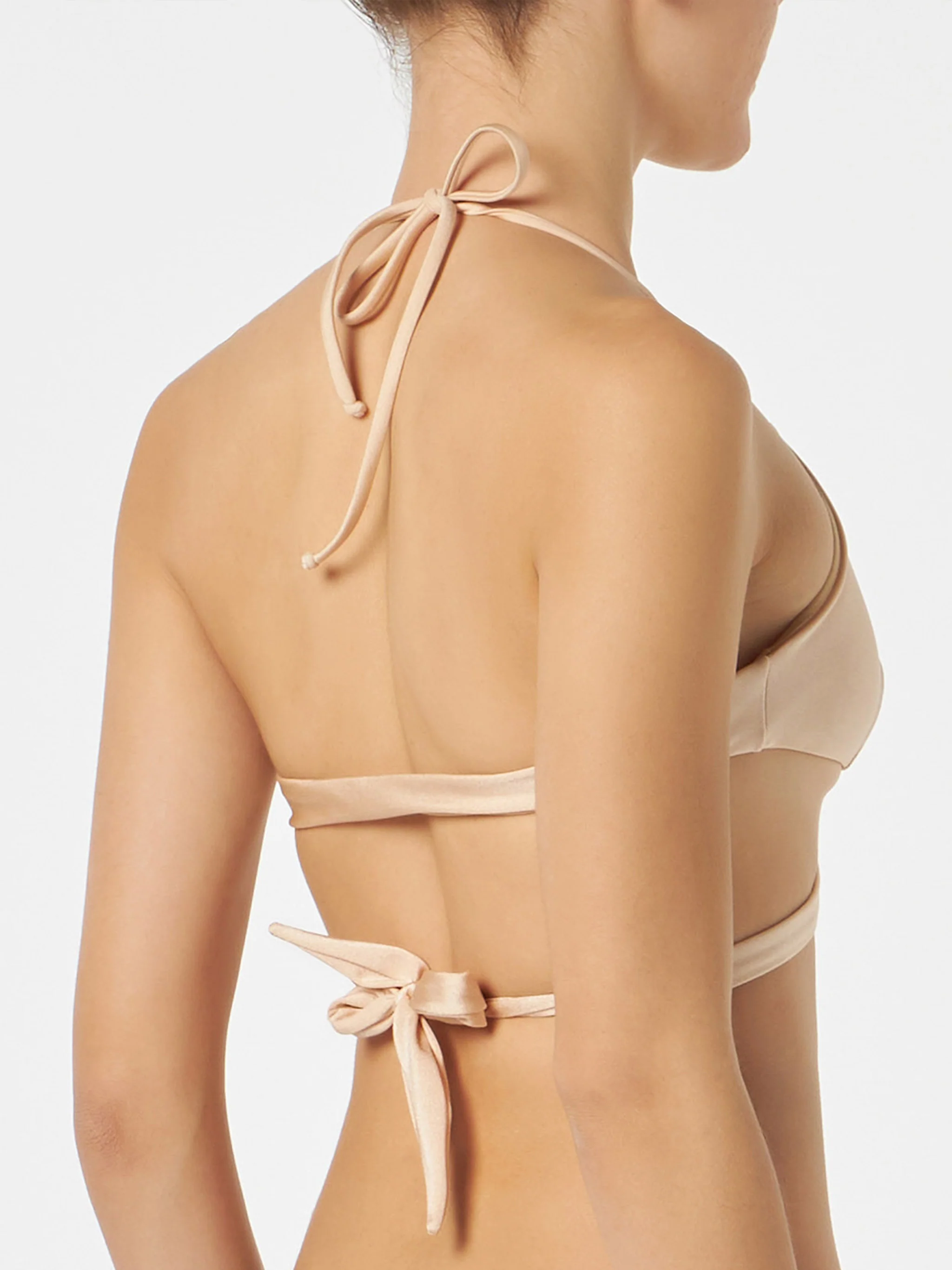 Glanzende beige wikkeltop met driehoekige cups voor dames