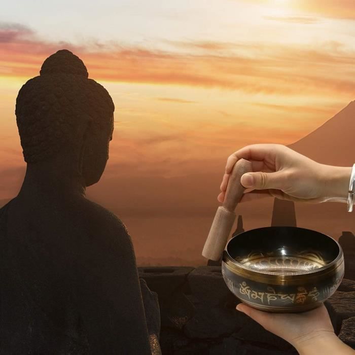 Bol Chantant Tibétain Fait Main Bol de Méditation avec Belles Boîte d'emballage pour la Méditation, la Relaxation, Bouddhisme, Prièr