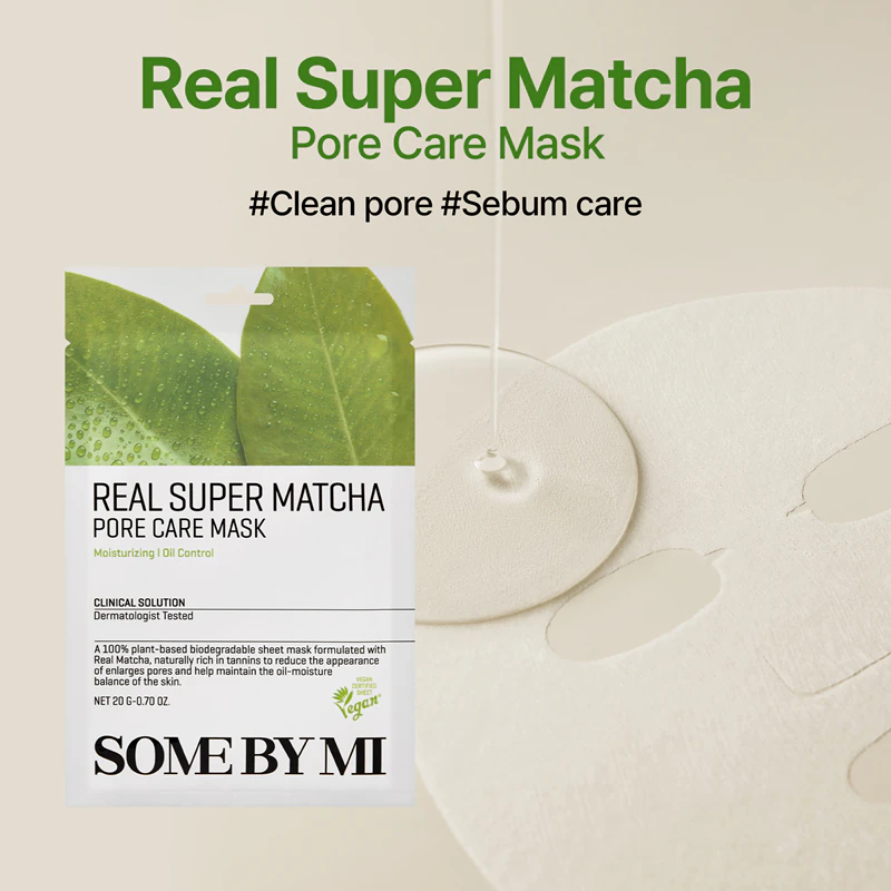 máscara facial Some By Mi Clinical Solution Super Matcha Pore Care Mask é uma máscara de tecido que fecha os poros e proporciona um aspecto mate à pele.