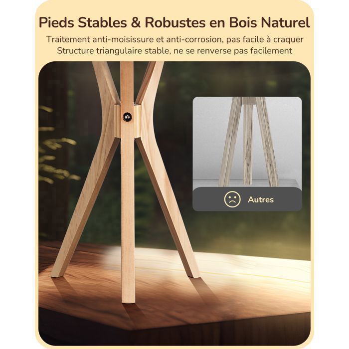 Lámpara de mesa trípode EDISHINE con bombilla LED E27, lámpara de mesa moderna de 46 cm de altura, madera y lino beige.
