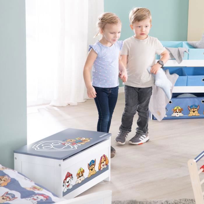 ROBA Paw Patrol Spielzeugkiste aus Holz – Klappdeckel – Hundemotiv – Grau-Weiß
