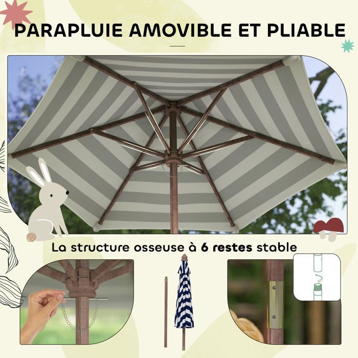 Conjunto de muebles de jardín infantiles para exteriores - AIYAPLAY - cojines y sombrilla desmontable - rayas azul marino y blancas