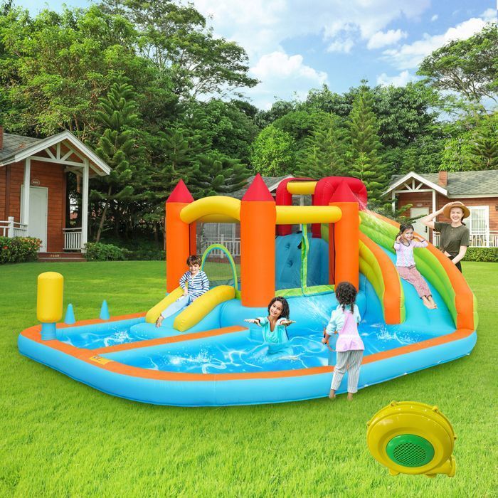 Luscriate - Château gonflable toboggan + trampoline + basket + pistolet eau, 2 piscines, sec et humide, souffleur - Multicolore