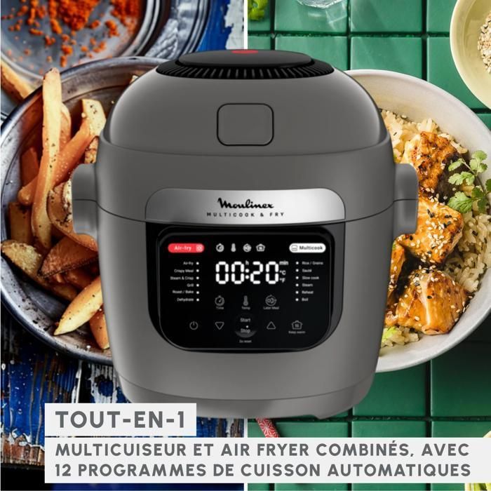 Moulinex Multicook & Fry, multicooker con friggitrice ad aria integrata, 12 programmi, cottura a 2 livelli, capacità 6 litri, MZ730BF0