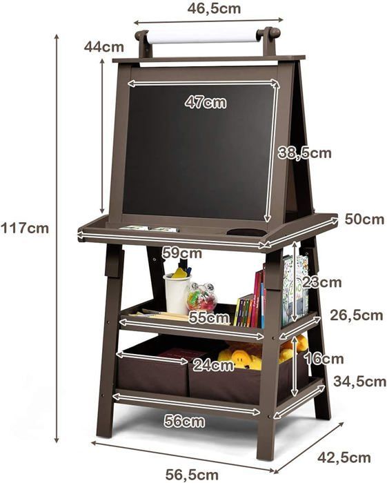 COSTWAY Tableau Enfant - Blanc Magnétique et Noir, Rouleau de Papier (Papier inclus), 3 Etagères et 2 Bac de Rangement Marron
