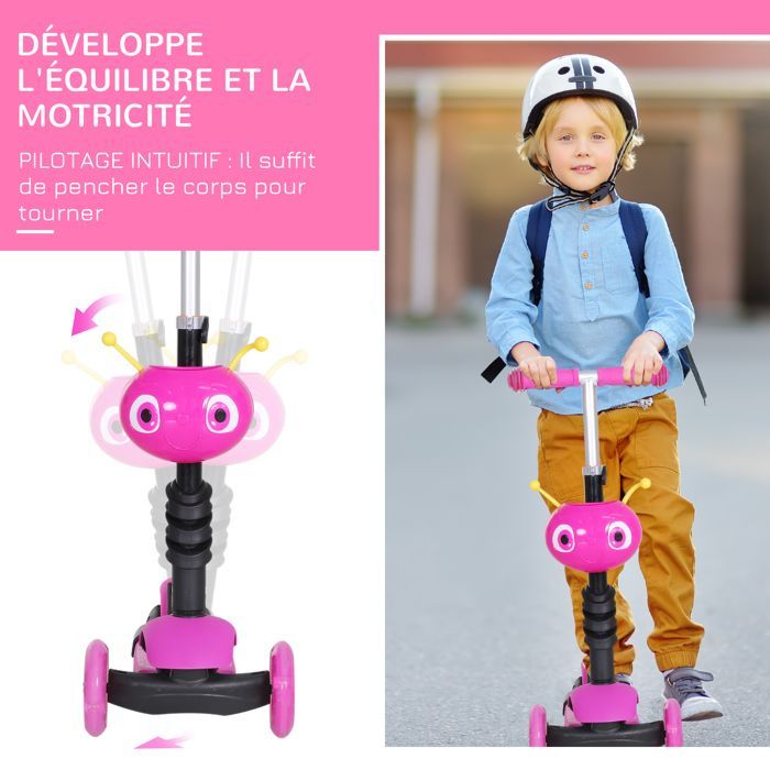 Patinete infantil - HOMCOM - Patinete convertible 5 en 1 con 3 ruedas, manillar ajustable, asa de empuje y asiento extraíble - PP - Rosa