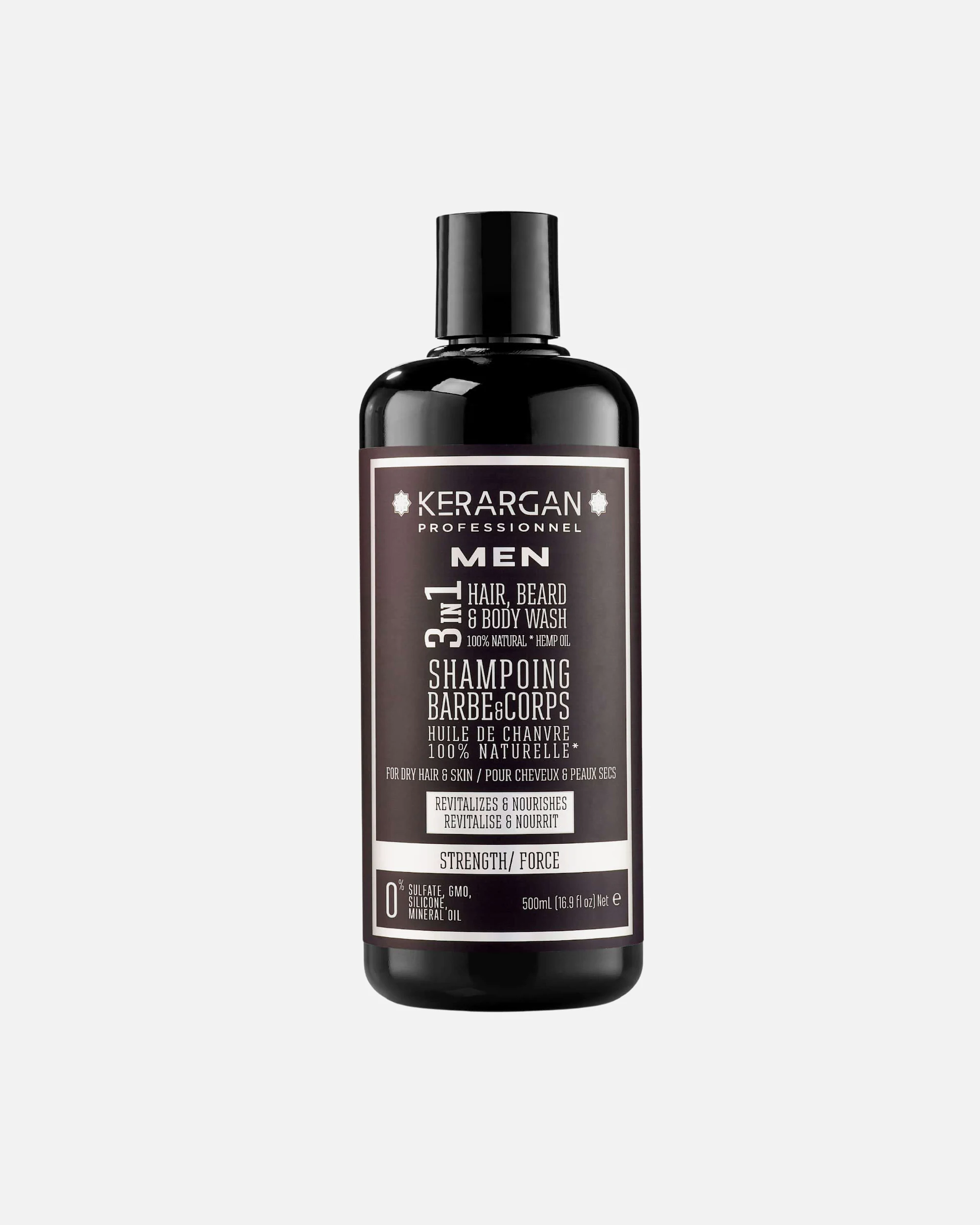 Kerargan Kerargan - Shampoing Fortifiant 3en1 à l'Huile de Chanvre - Renforce Cheveux, Barbe et Corps