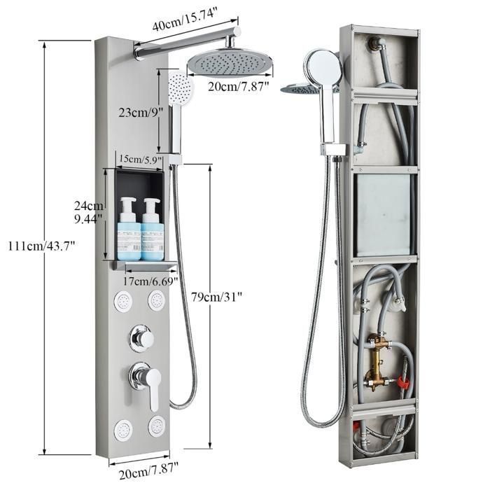 Multifunctional hydromassage shower column in stainless steel with fixed shower head, massage function, and shelf (brushed nickel)