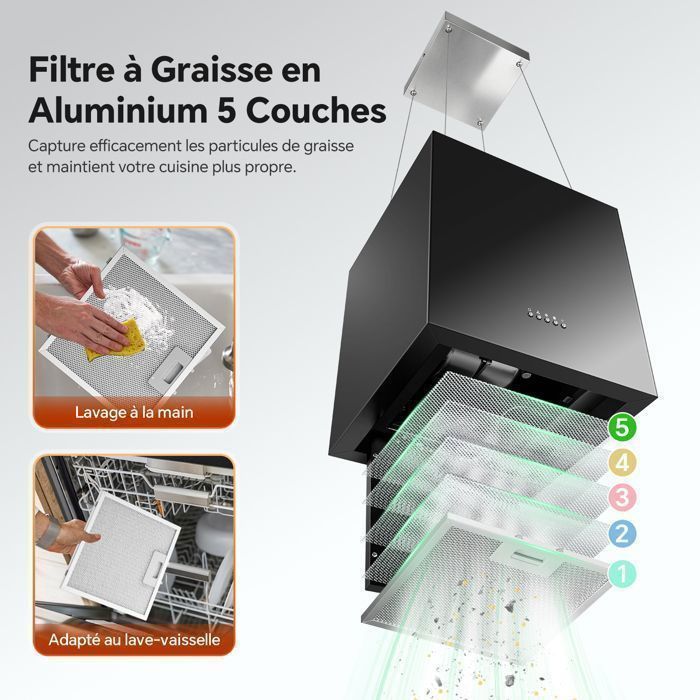 Hotte Aspirante-Hotte îlot Centrale-800 m ³/ h - 40 cm - 3 Vitesses - Hotte Suspendue - Recyclage avec Filtre à Charbon - Noir -  A+