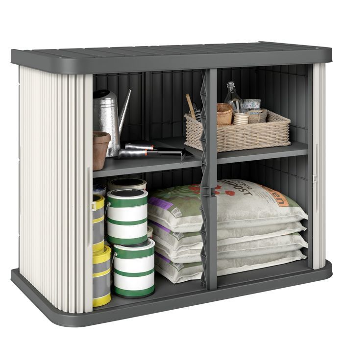 Caja de almacenamiento exterior Outsunny - 2 niveles con puertas correderas, resistente a los rayos UV - PP - 480 L - marrón claro