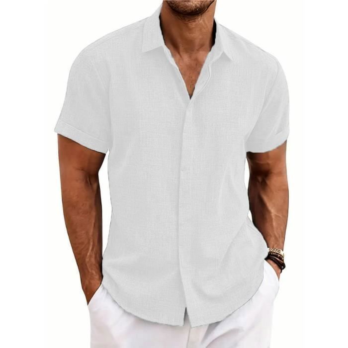 Men's Linen Shirt, Short Sleeve, Breathable, Casual, Regular Fit, Solid Color - EU Size - White