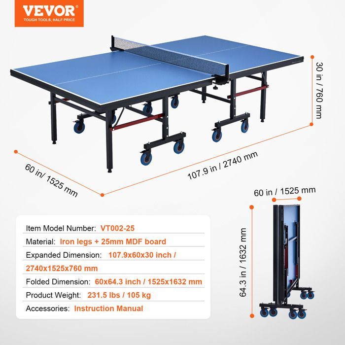 Table de Ping-pong-VEVOR-avec Filet à Serrage Rapide et Roues Verrouillables-Plateaux de 25 mm