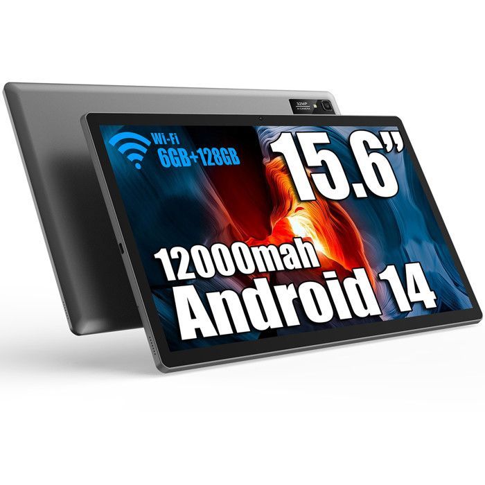 Tablet MESWAO de 15,6 polegadas com Android 14, 12 GB de RAM + 128 GB de ROM, bateria de 12000 mAh, Bluetooth 5.0, Wi-Fi 2.4G/5G e câmera de 32 MP.