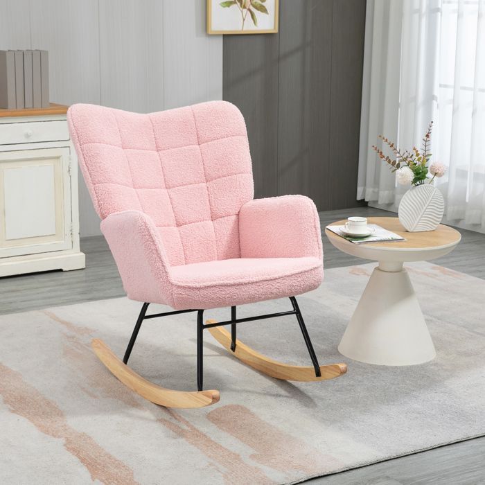 Rocking chair - HOMCOM - looped wool effect upholstery - steel frame - solid wood legs - pink