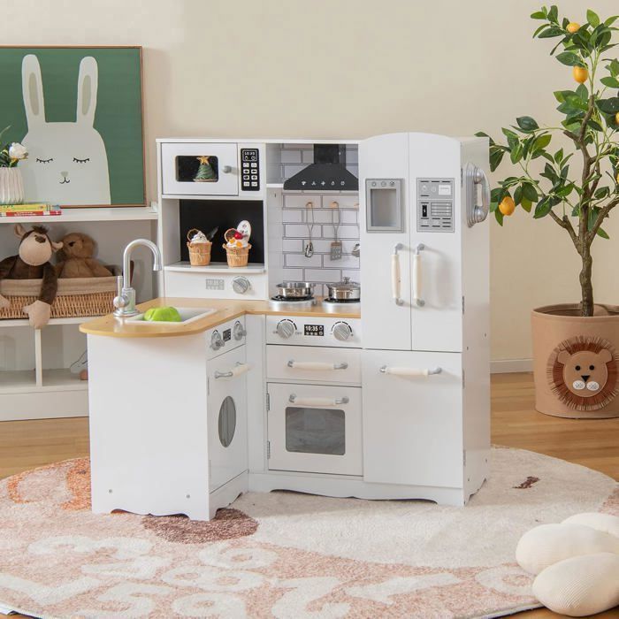 Cocina interactiva XXL para niños de COSTWAY - A partir de 3 años - 5 accesorios con teléfono de madera blanca