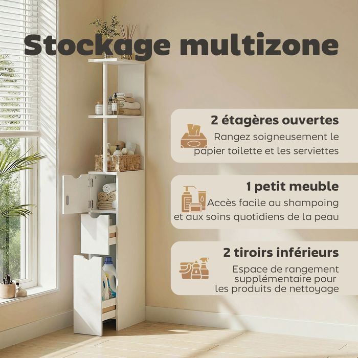 Bathroom column cabinet - HOMCOM - with drawers, open shelves - 15 x 33 x 136.8 cm - wood - white