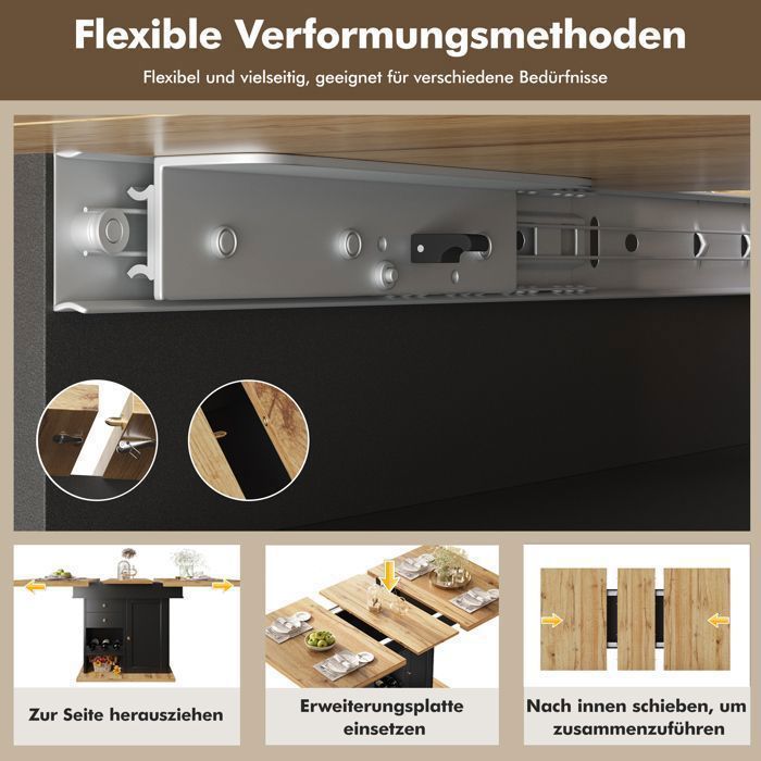 MERAX Table à Manger Extensible 110-140×80 cm -  Table de Cuisine pour 4-6 Personnes - avec Tiroirs et Porte-Bouteilles - Noir