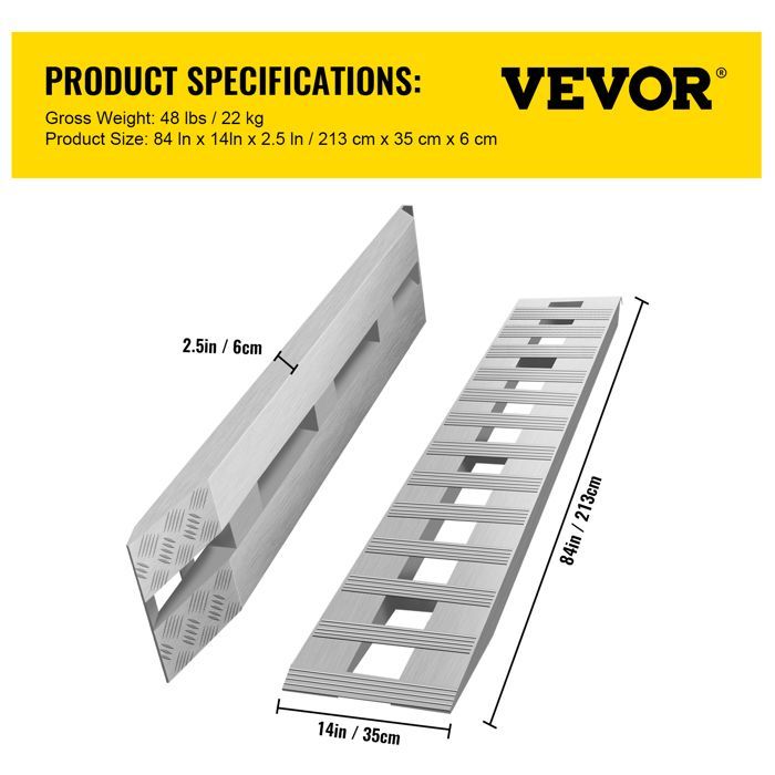 Rampas de carga de aluminio VEVOR - Capacidad de carga 2722 kg - Alta resistencia - Para motocicletas, tractores, quads, camiones y cortacéspedes - 213 x 35,5 cm - 2 unidades