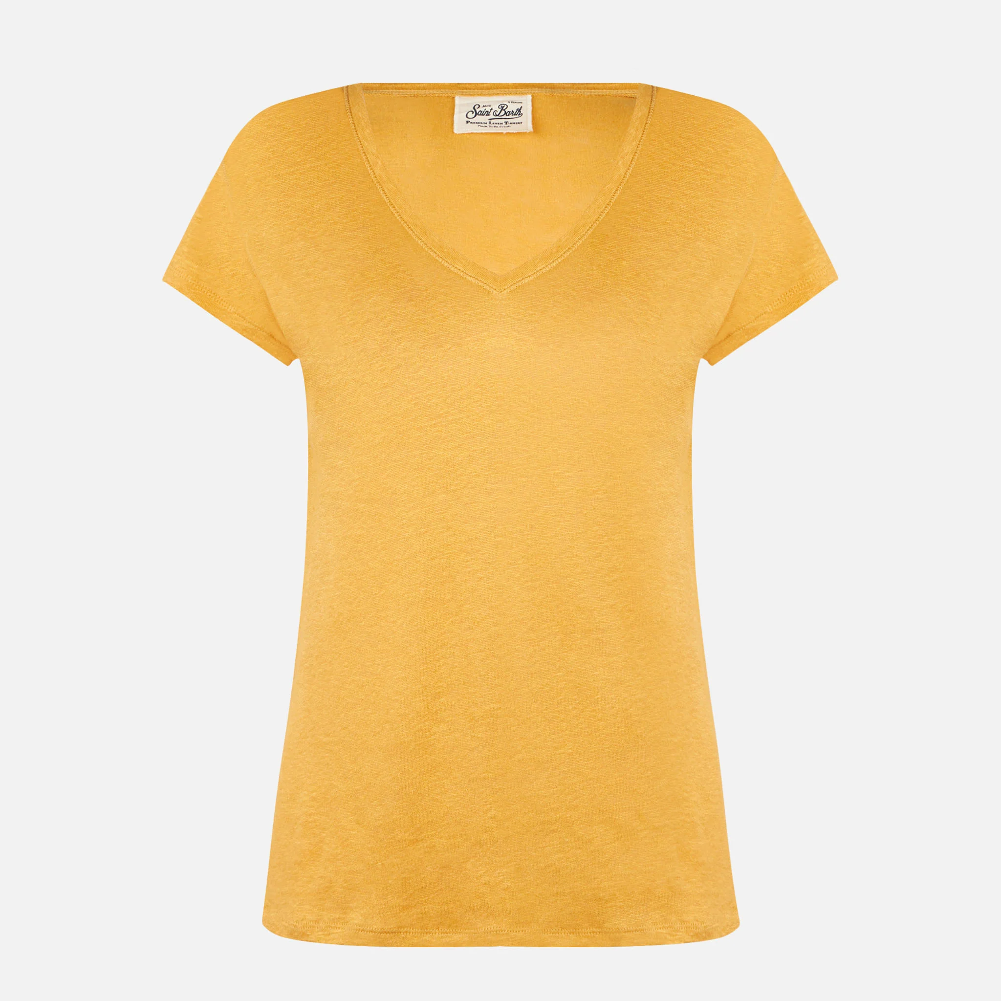 Dames T-shirt van okerkleurig linnen