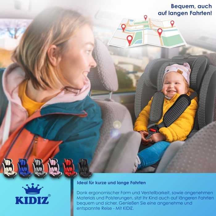 KIDIZ® Siège auto pour enfants et bébé 9-36 kg Groupe 1+2+3 Ceinture de sécurité à 5 Points Appuie-tête réglable ECE R129/03 Noir