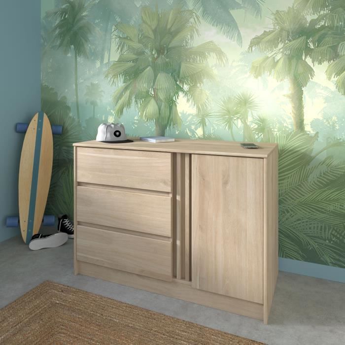 Commode ESCALE - 3 tiroirs - 1 porte - Décor chêne -  L 109,8 x H 76,8 x P 50 cm