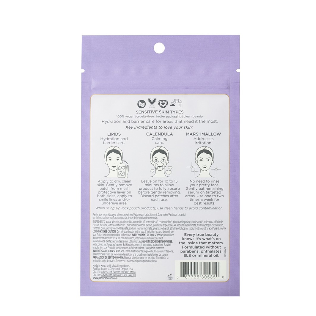 Pacifica Vegan Eye Pads -silmänympäryslaput, joissa on keramidi kosteuttava täyte, silmänaluset ja hymyraja - 2 paria
